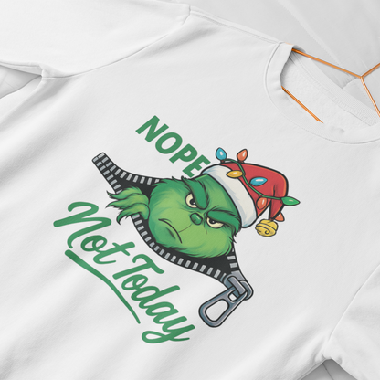 White sweatshirt with a Grinch graphic and text 'NOPE Not Today' on a white background
