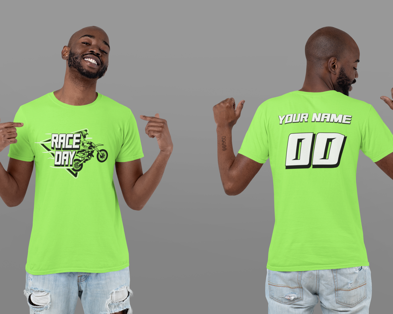 Man wearing a bright green t-shirt with 'Race Day' design on front and customizable text on back, against a gray background.