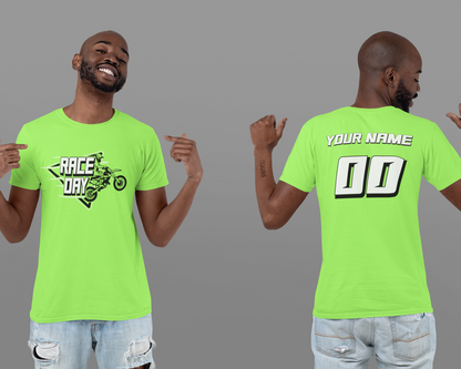 Man wearing a bright green t-shirt with 'Race Day' design on front and customizable text on back, against a gray background.