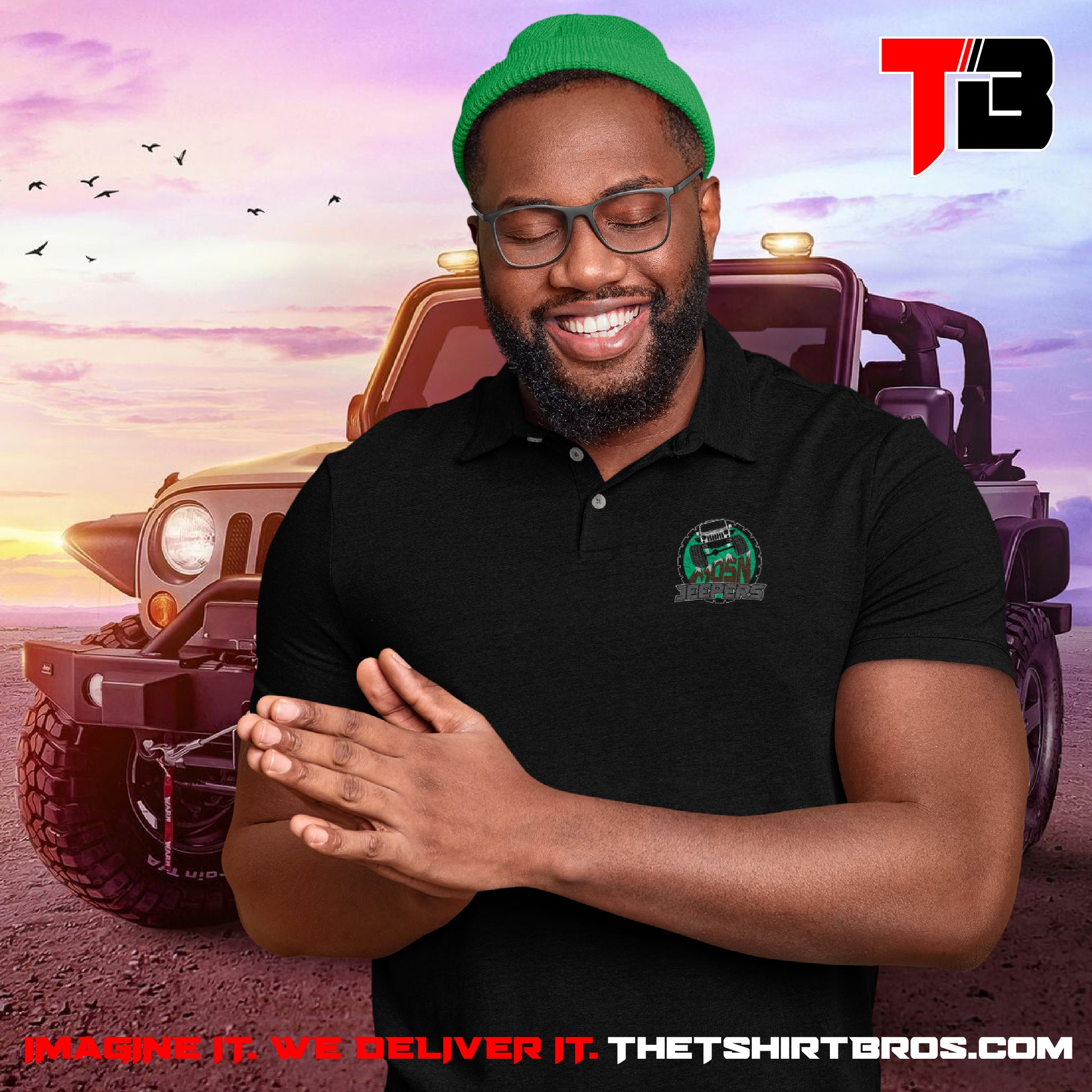 Man wearing a black shirt with a logo in front of a Jeep and sunset background, promoting 'The T Shirt Bros' website.