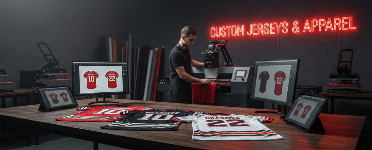 Person working in a room with 'Custom Jerseys & Apparel' neon sign and various printed items on tables.